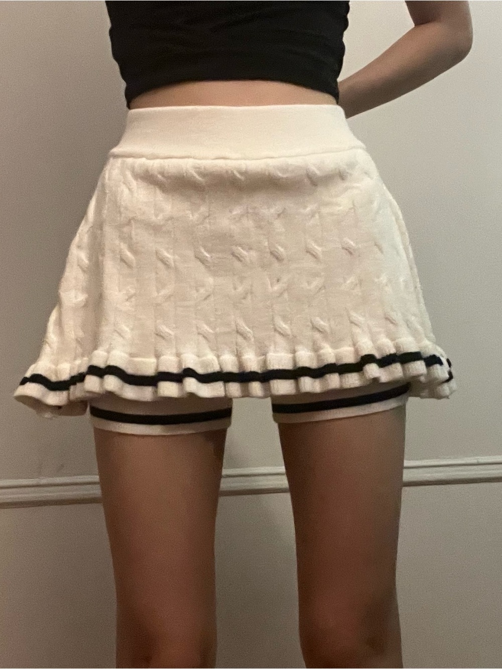 Knit Middle Waist Ruffle Trim Contrasting Binding Skort - Cider